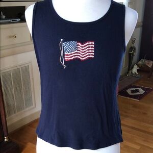 Karen Scott Navy Tank Top with American Flag Rhinestone Accent